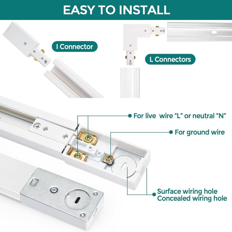 iCreating H Track Lighting Rails Kit - 26ft White Track Light Tracks 3 Wire with Floating Canopy Connector, I and L Connectors for Single Circuit H Type LED Tracks Lighting Heads Fixtures - Image 5